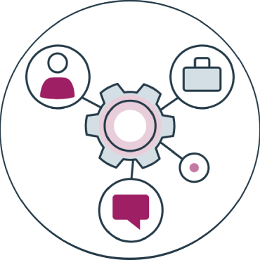 Diagram with gear connecting icons of person, briefcase, and speech bubble.