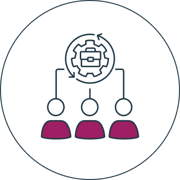 Diagram of a gear with a briefcase symbol, connected to three people icons.