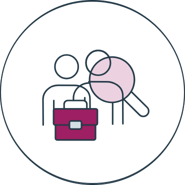 Icon of two people, one holding a briefcase and the other with a magnifying glass.