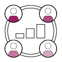 Four outlined figures arranged in a square, each with a purple gradient base, symbolizing diversity and collaboration.