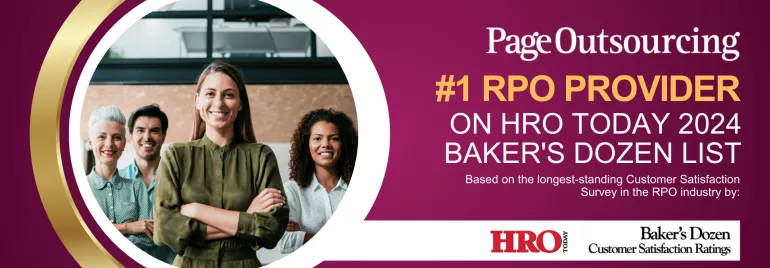 Page Outsourcing banner celebrating #1 RPO Provider ranking on HRO Today 2024's Baker's Dozen list, featuring a smiling team.