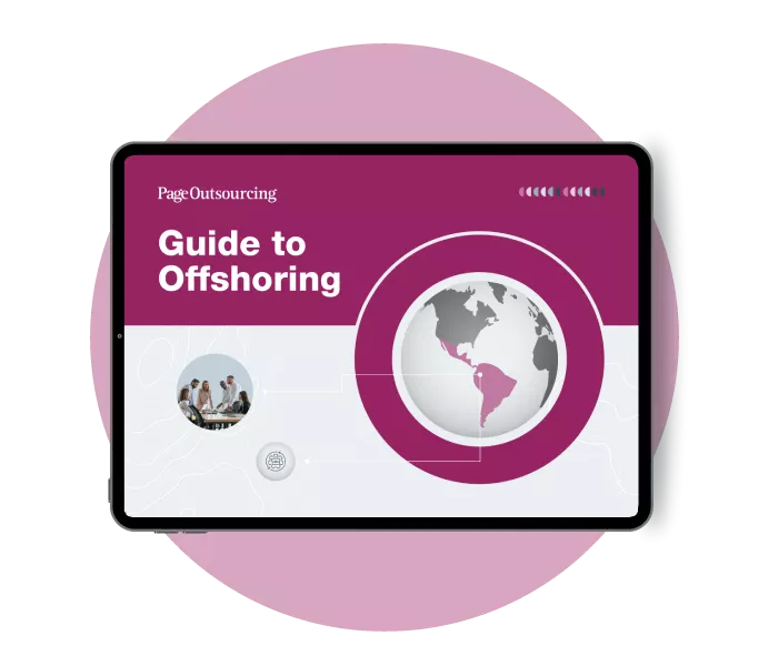 Tablet displaying 'Guide to Offshoring' and world map graphic.